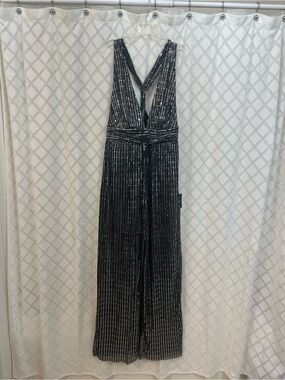 Lulu's Black Metallic-Striped Plunge Jumpsuit